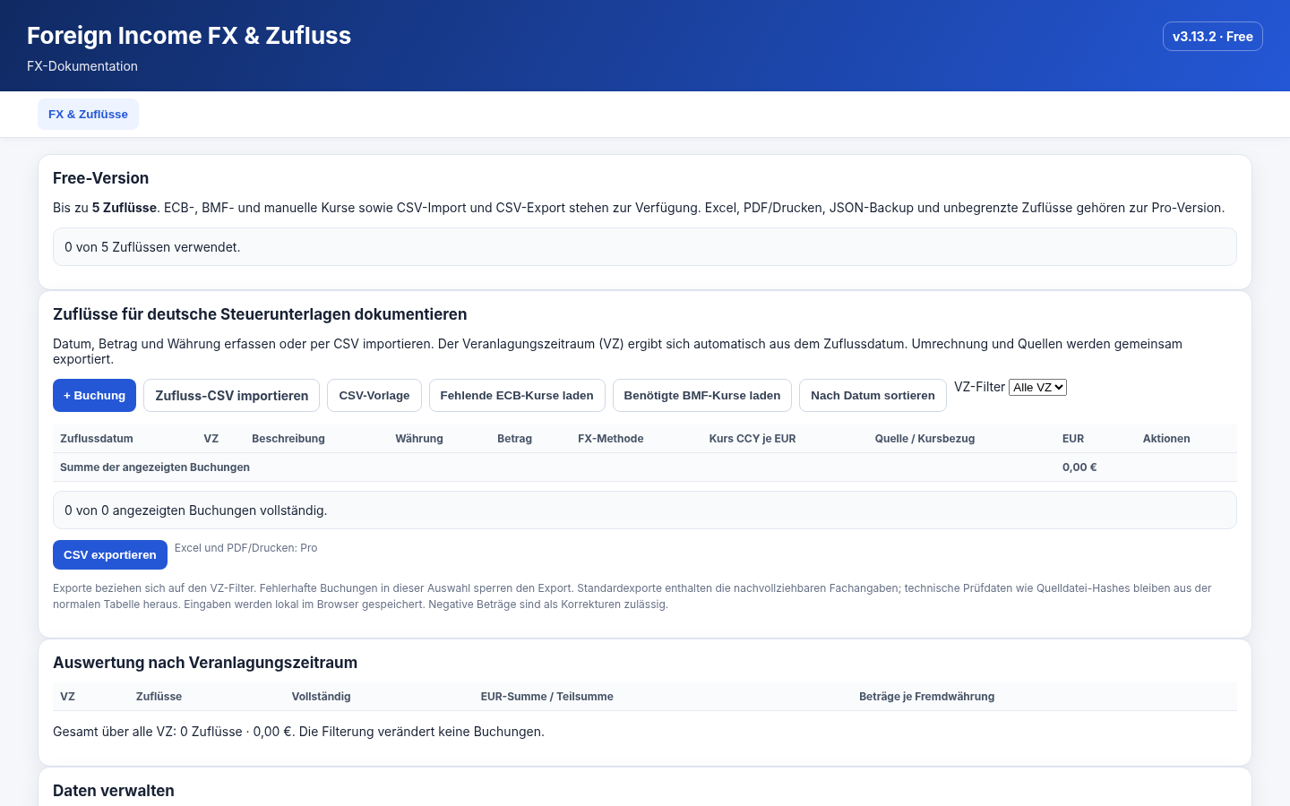 Actual Foreign Income FX Free interface showing the receipt table and CSV functions